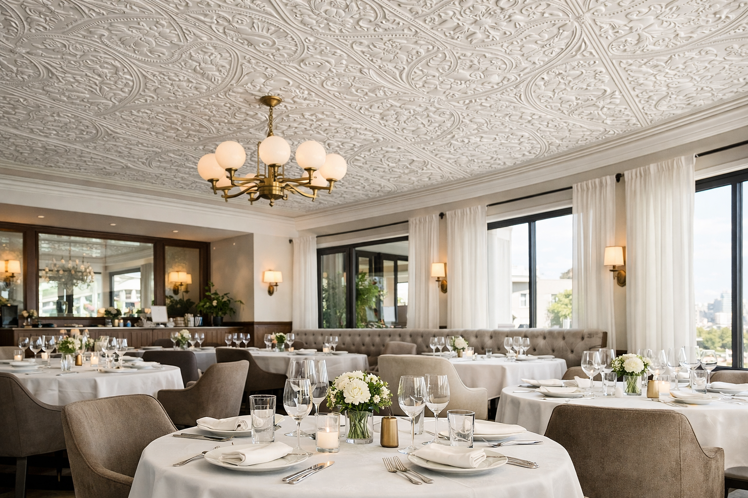 Elegant restaurant with chandelier.