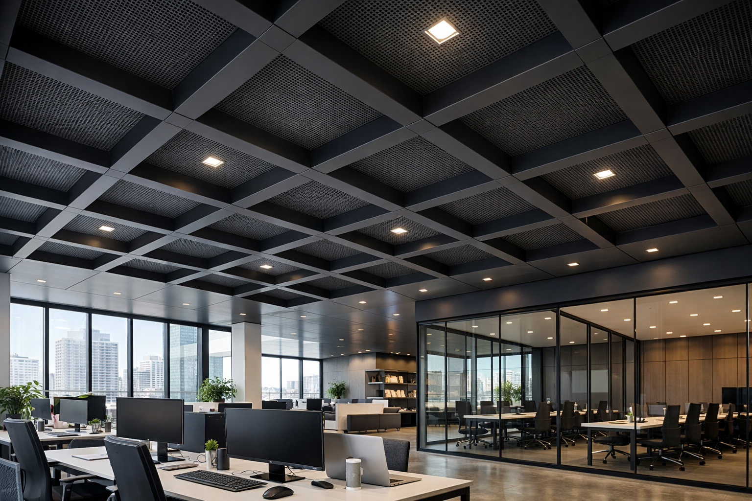 Modern office space with large windows.