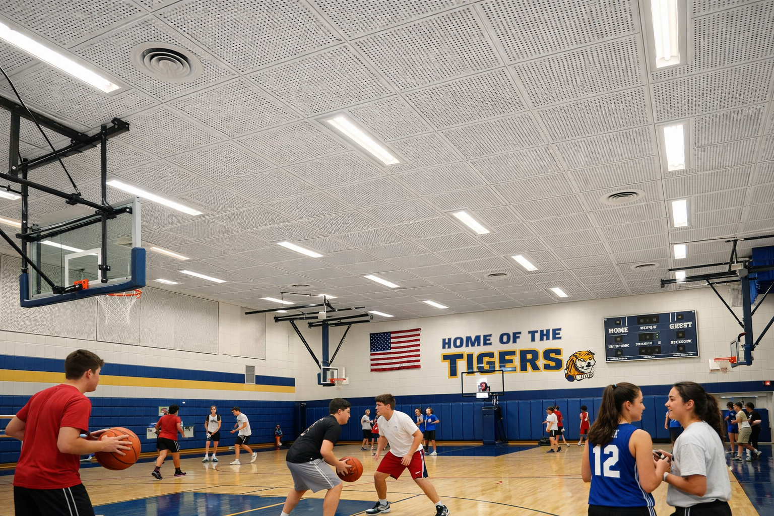 Indoor basketball court with players