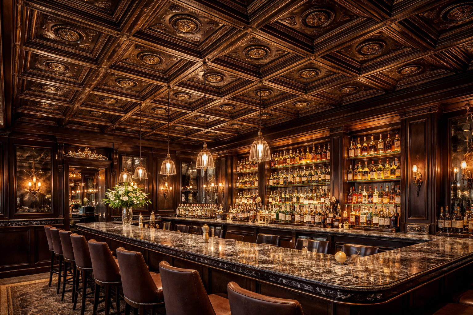 Luxurious bar with wooden ceiling.