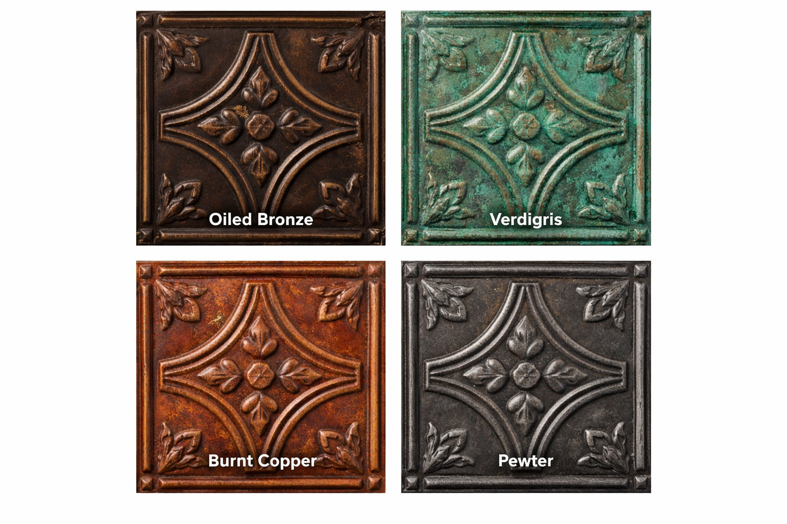 Four decorative tiles in different colors with labels.
