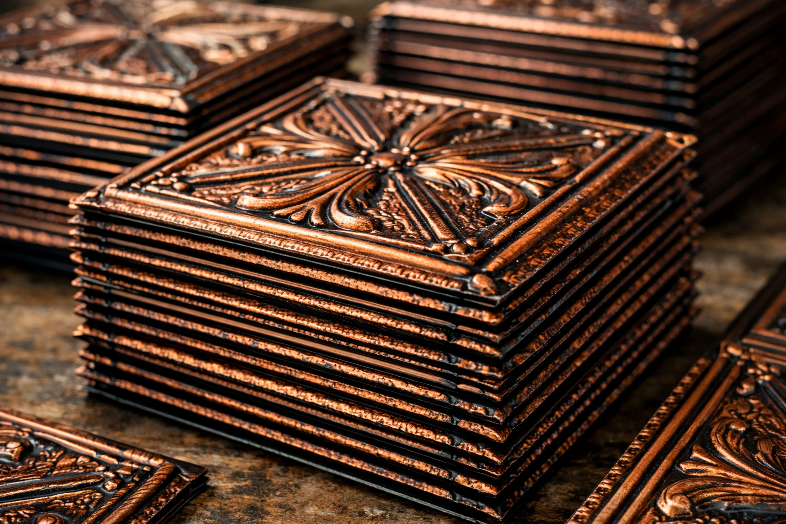 Stack of intricately designed brown square tiles.