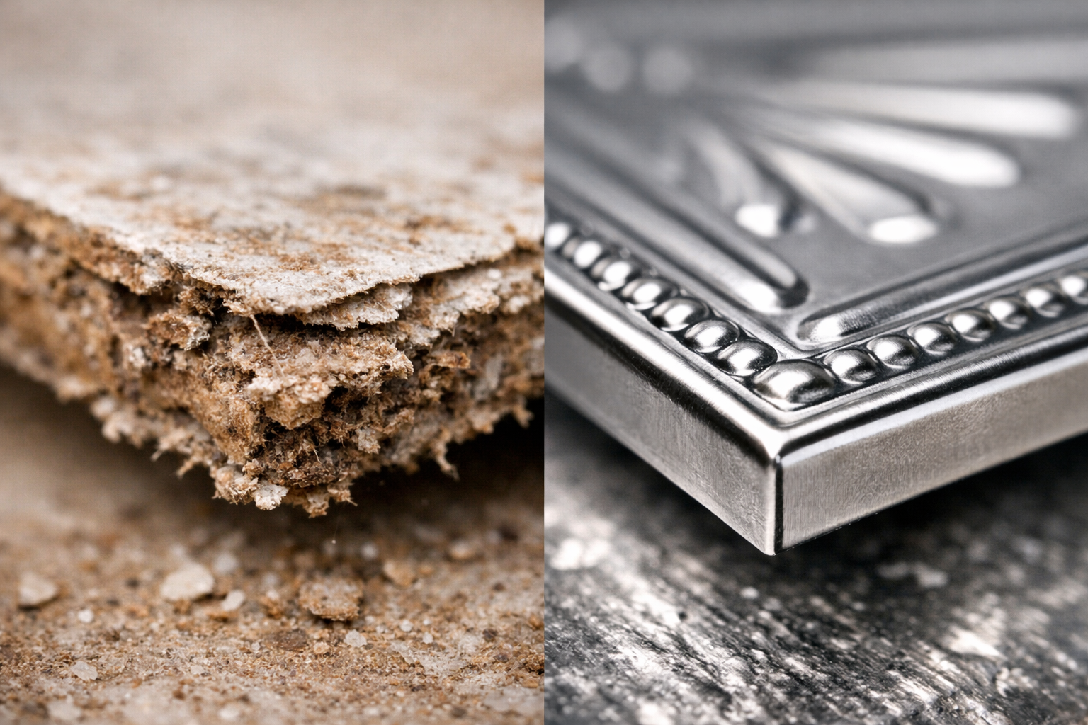 Two images side by side; one of a cracker and the other of a metallic object with a shell design.