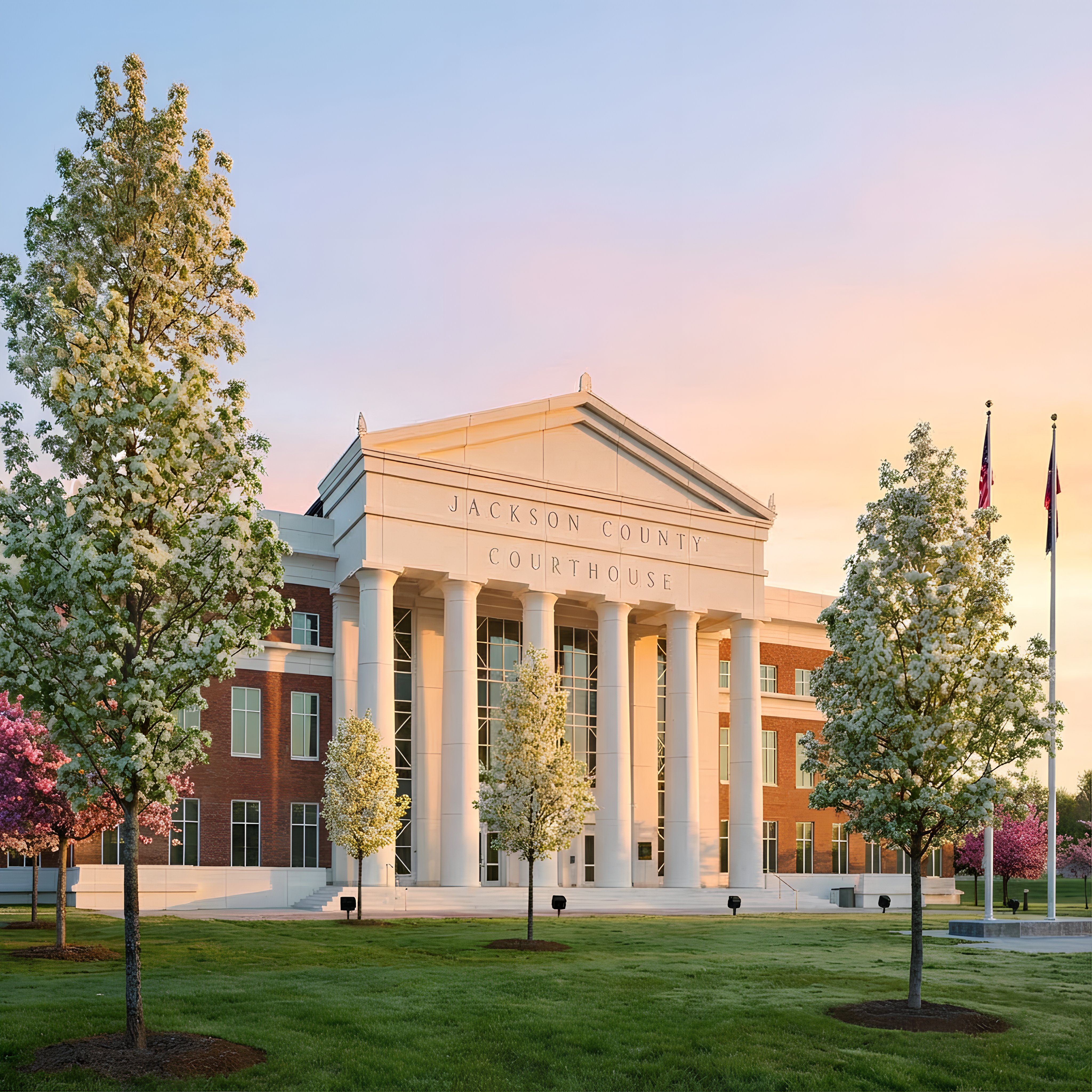 Jackson County Courthouse with trees and flags in front during sunset.
