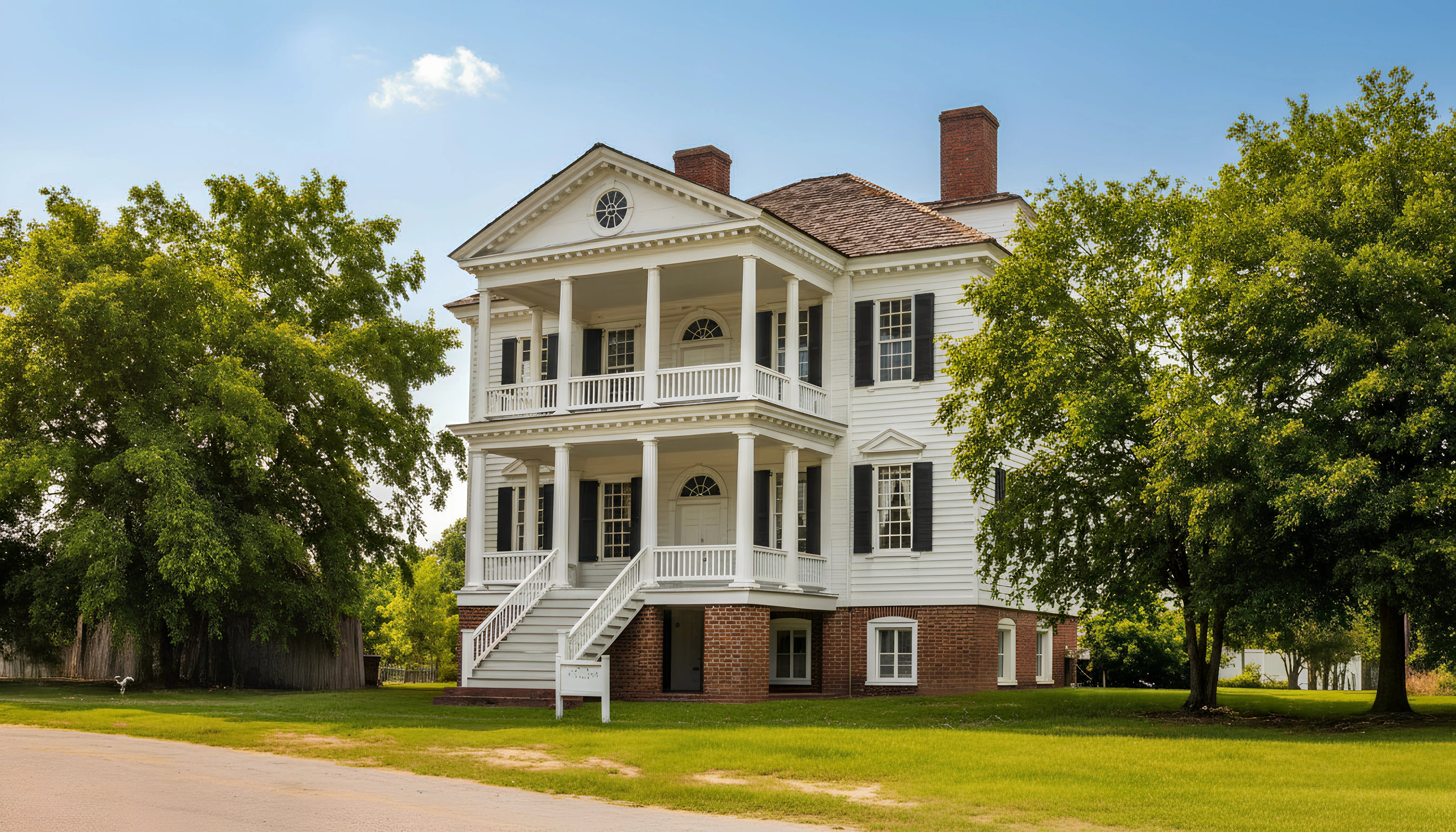 Two-story white house with black shutters and a brick foundation, surrounded by trees on a clear day.