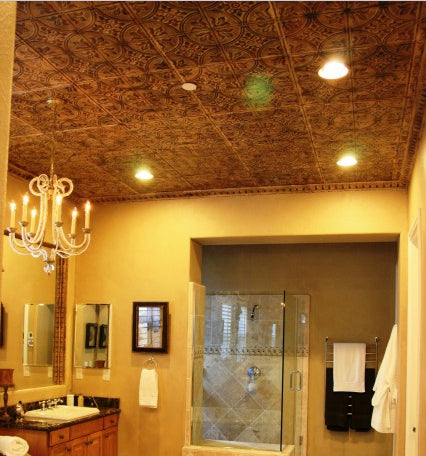 Bathroom with decorative ceiling, shower, and vanity.