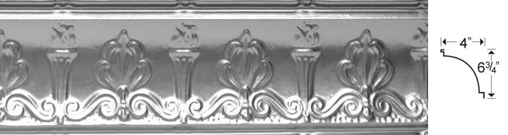 Decorative ceiling molding with intricate designs and measurements on a white background.