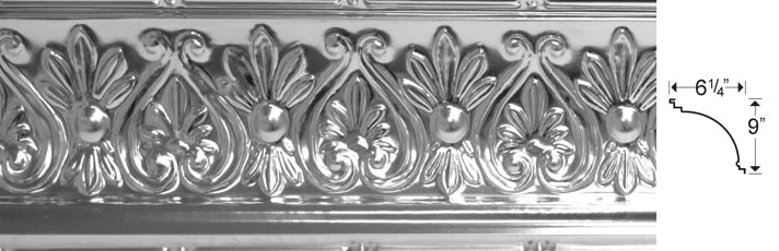 Decorative cornice with intricate patterns and measurements on a white background.