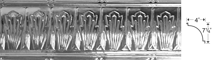 Decorative metal molding with intricate design and dimensions labeled.