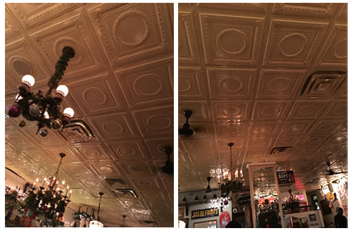 Two views of a ceiling with decorative tiles and chandeliers.