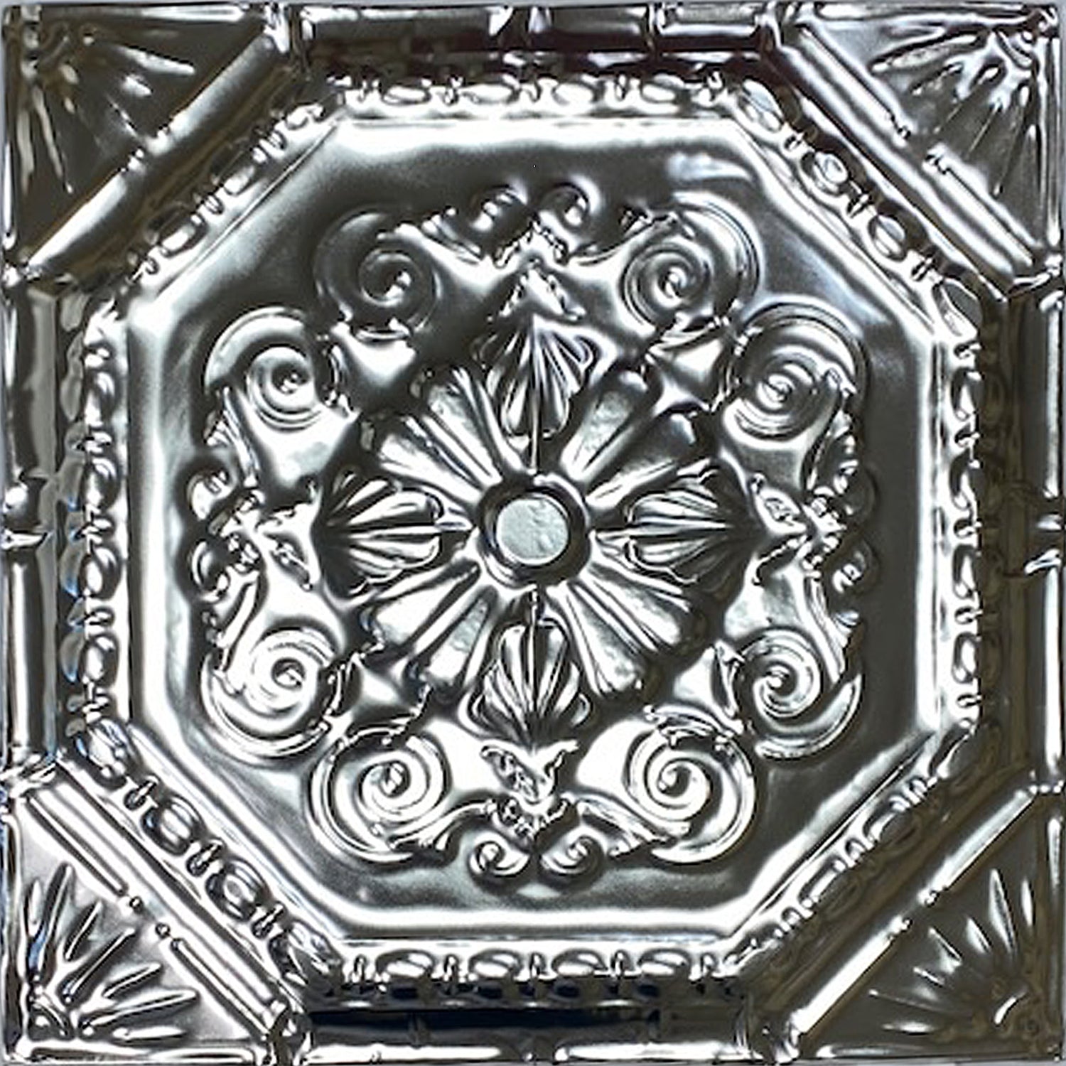 Decorative metallic ceiling tile with intricate patterns.