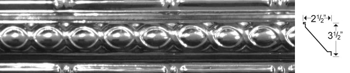 Metallic decorative molding with embossed design and measurements indicated.