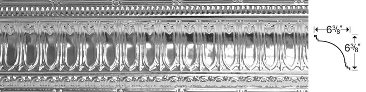 Decorative crown molding with intricate design and measurements.
