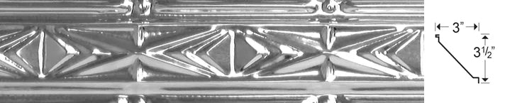 Metallic decorative panel with geometric pattern and measurements.
