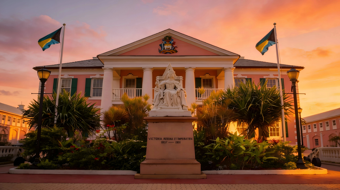 Pink building with statue and flags at sunset.