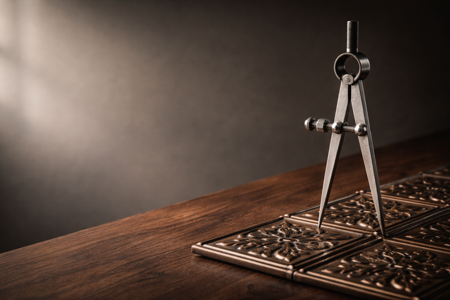 Metal compass on a wooden surface.