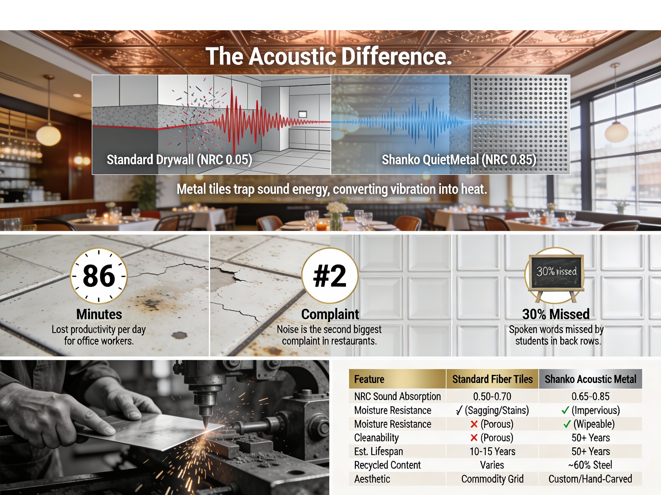 Comparison of acoustic performance between standard drywall & Shanko QuietMetal tiles
