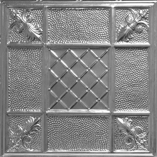 Decorative metal ceiling tile with intricate patterns.