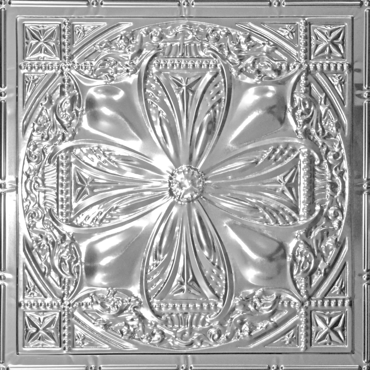 Decorative metallic ceiling tile with intricate patterns.