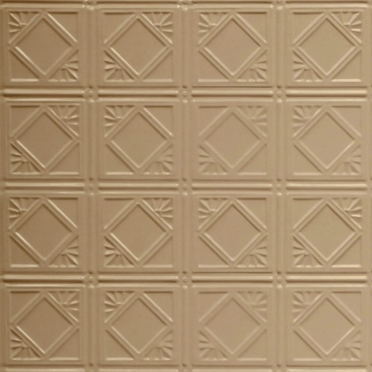Beige ceiling tile with geometric pattern.