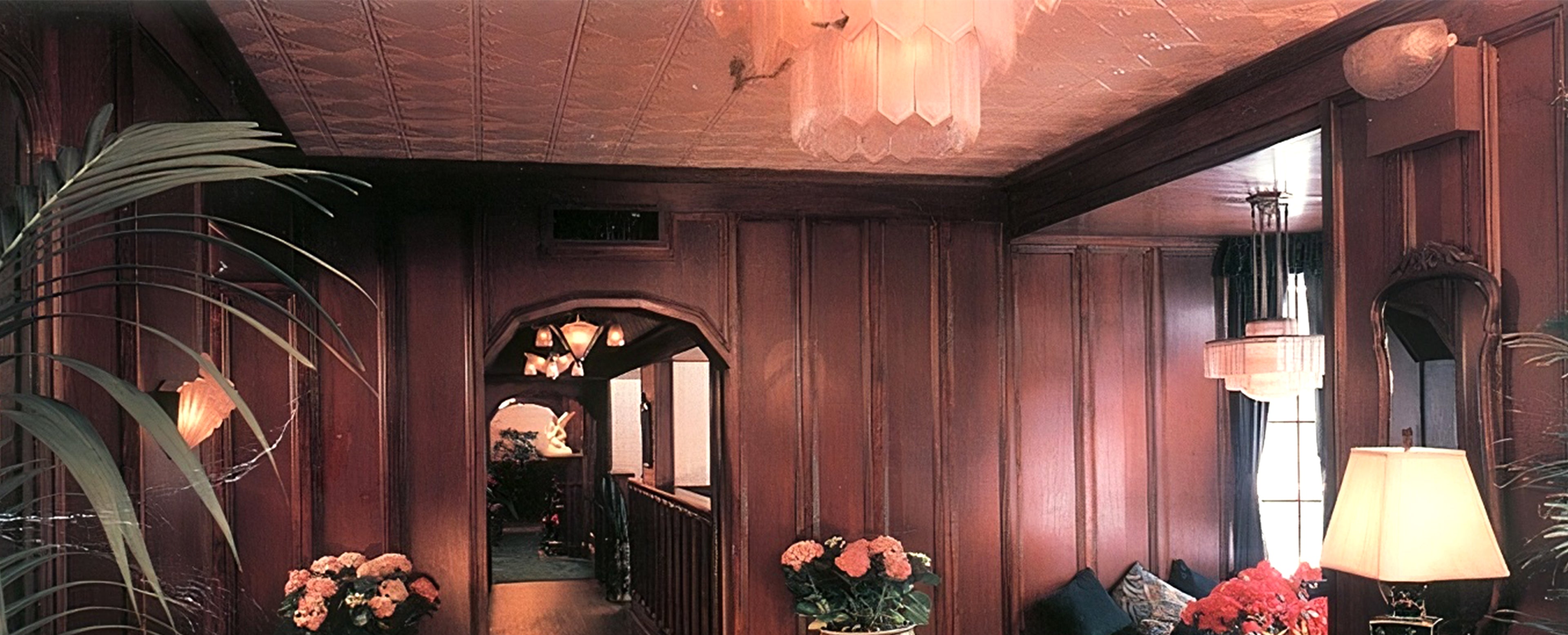 Decorative interior with wooden paneling, plants, and lamps.