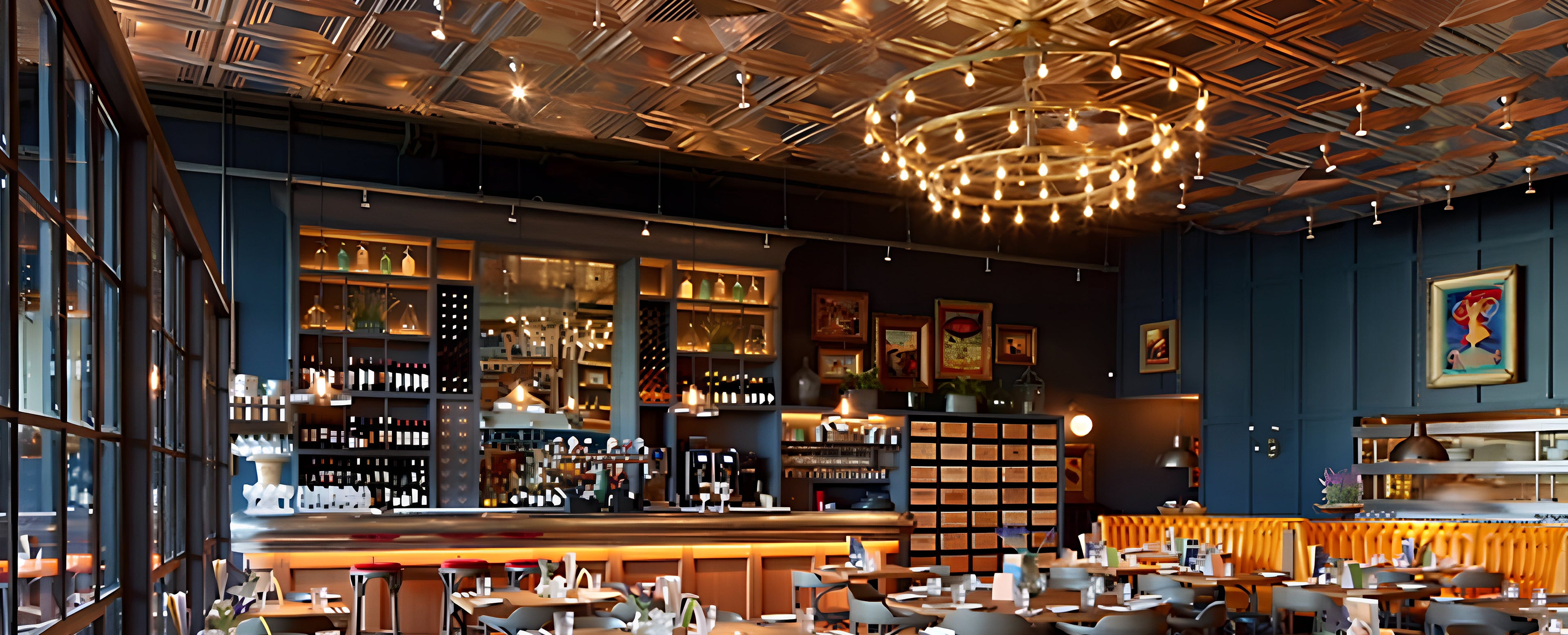 Luxurious restaurant interior with wooden ceiling, wine shelves, and modern decor.