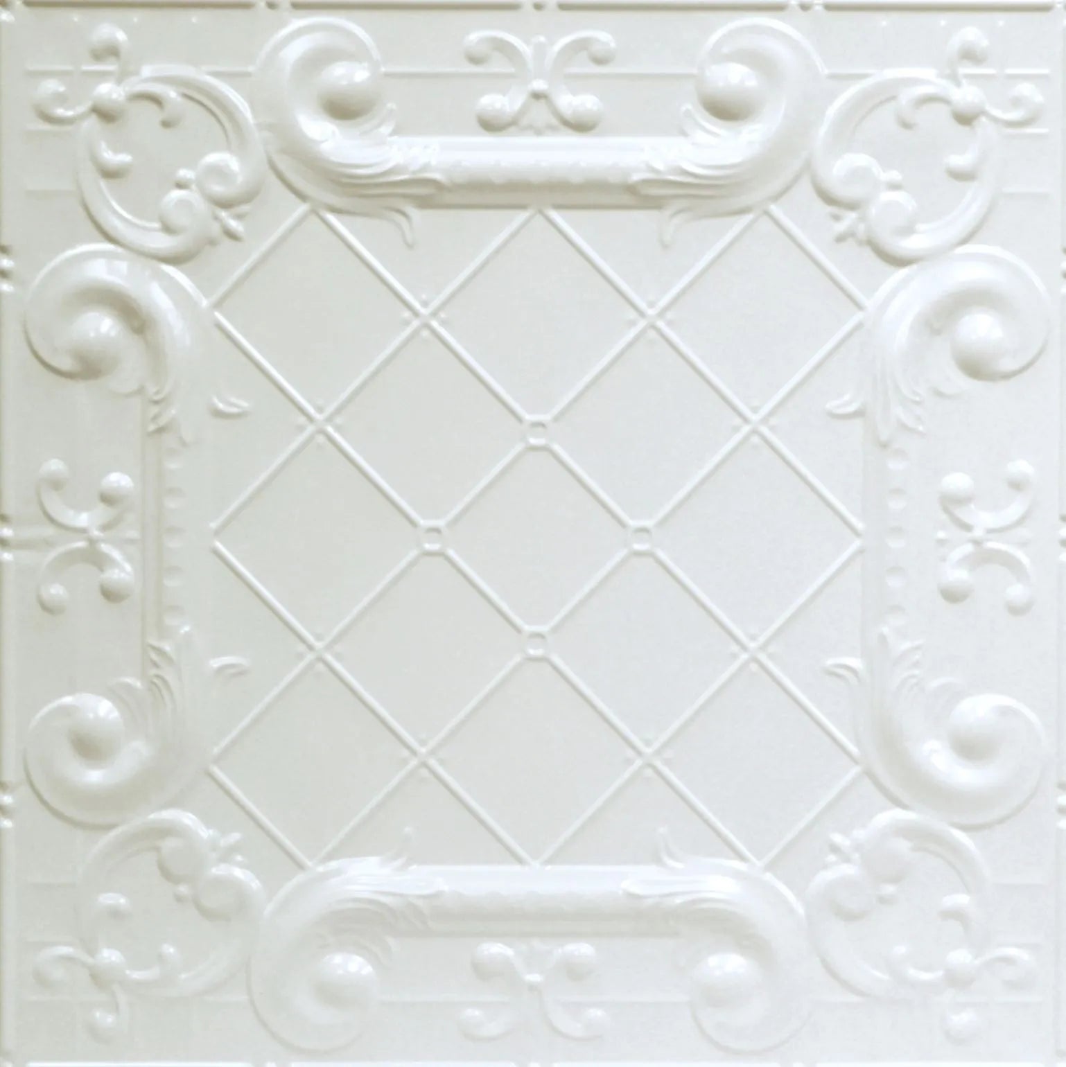 Decorative white ceiling tile with intricate patterns