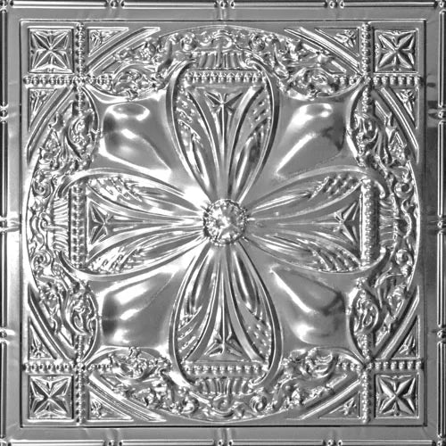 Decorative metallic ceiling tile with intricate patterns.