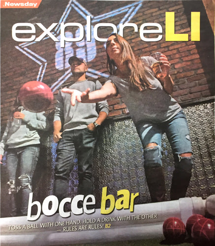 Magazine cover featuring a bocce ball game with text 'explore LI' and 'bocce bar'.