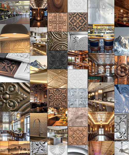Collage of various interior design elements including ceiling tiles, fixtures, and decor.