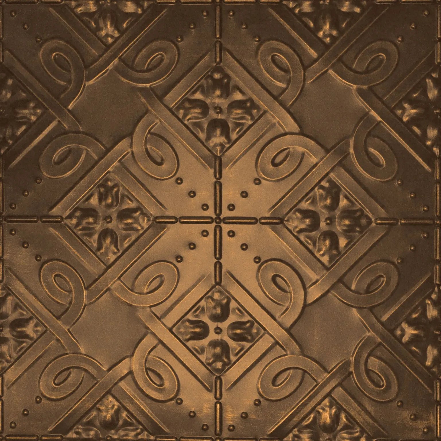 Decorative brown metal panel with intricate patterns.