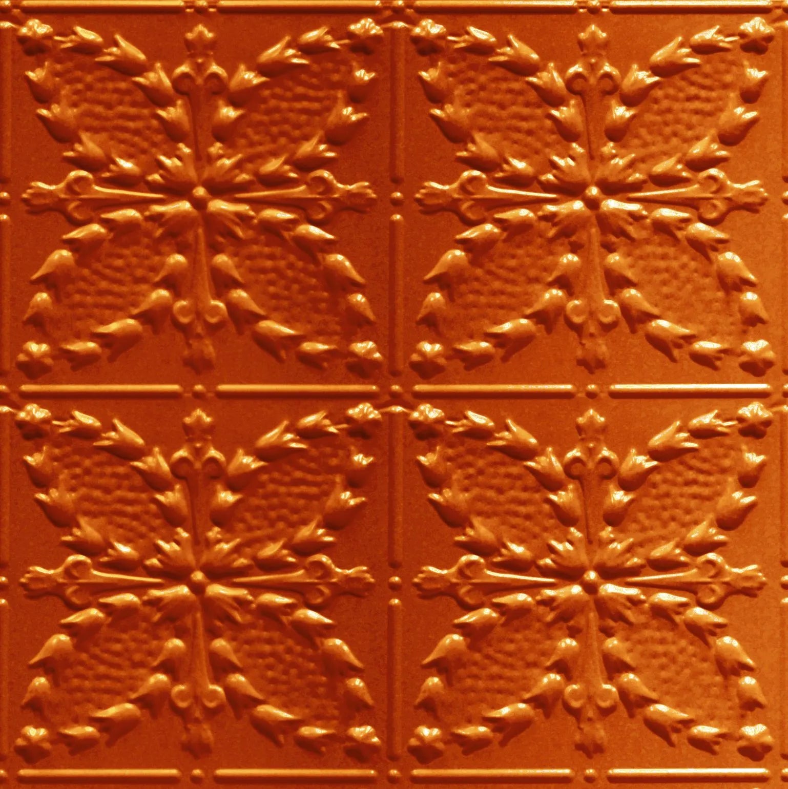 Decorative ceiling tile with embossed floral pattern on a red-brown background.