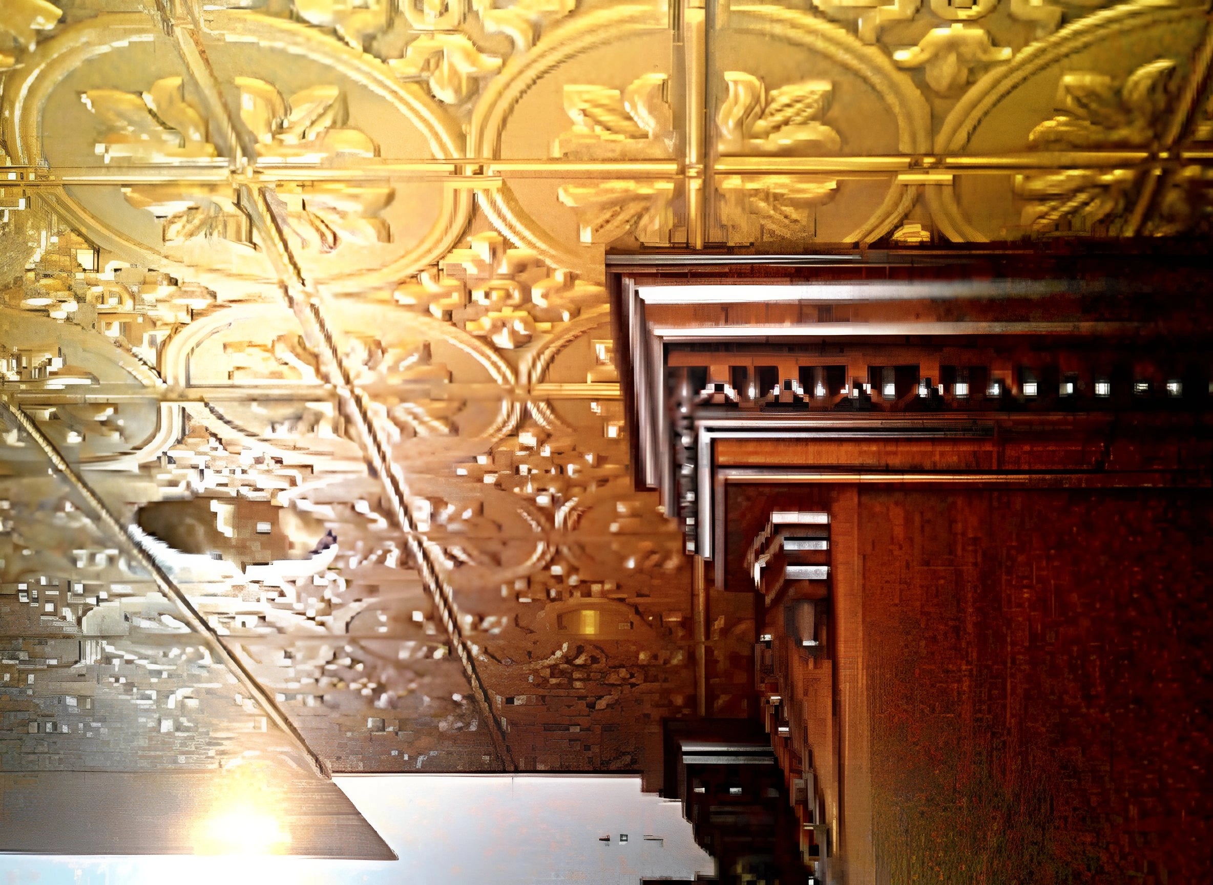 Decorative ceiling tiles with floral patterns and a wooden panel.