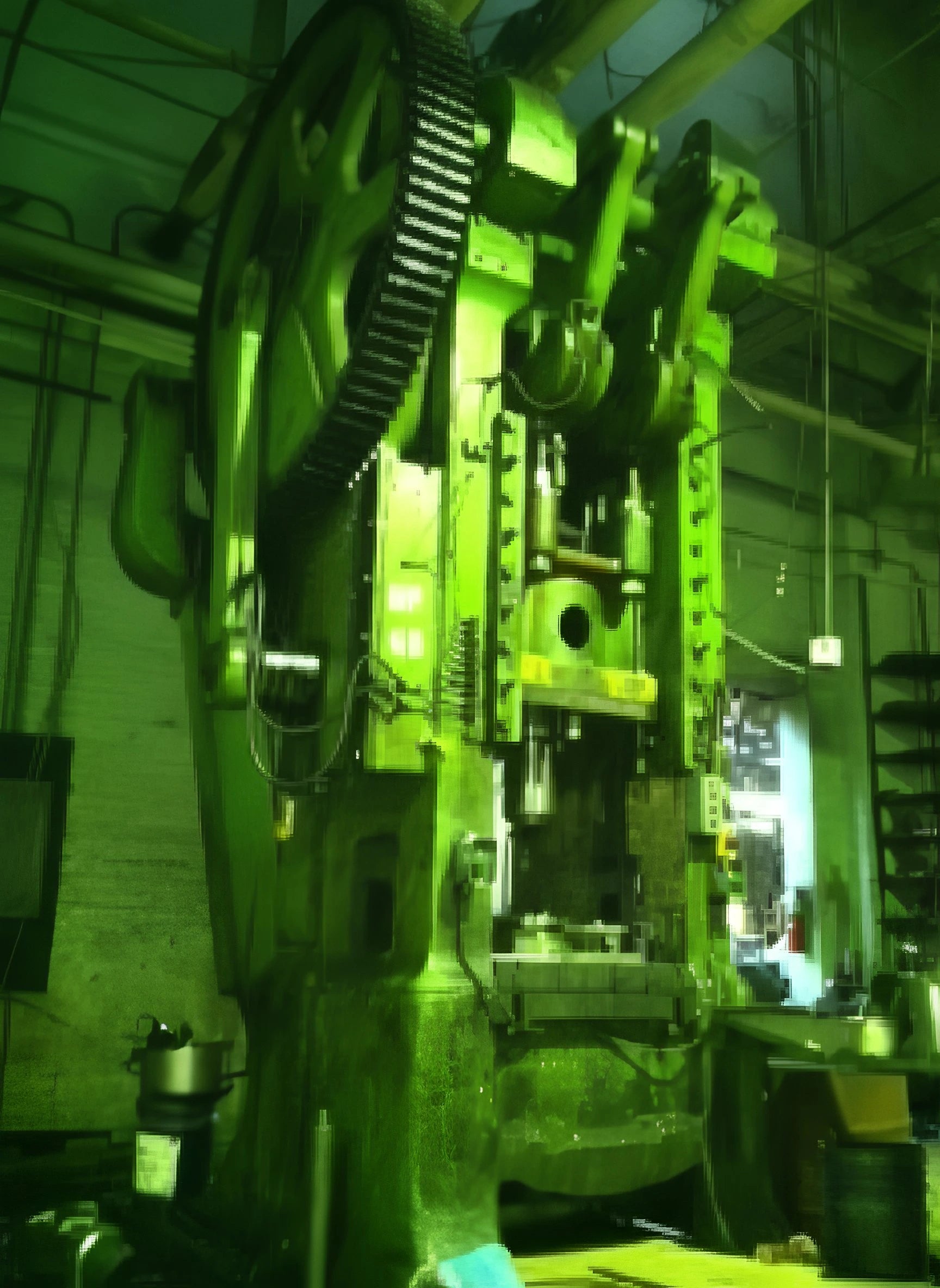 Industrial machinery with gears and mechanical components in a workshop setting