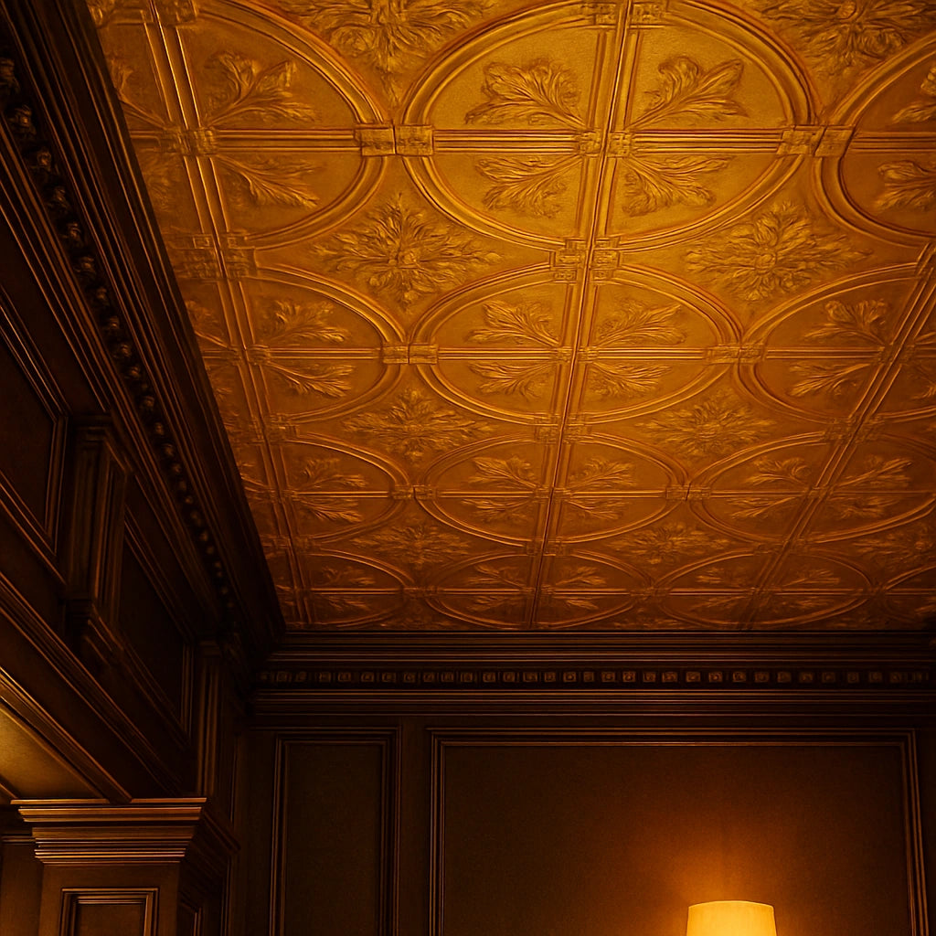 Decorative ceiling with intricate patterns in a warm-toned room.