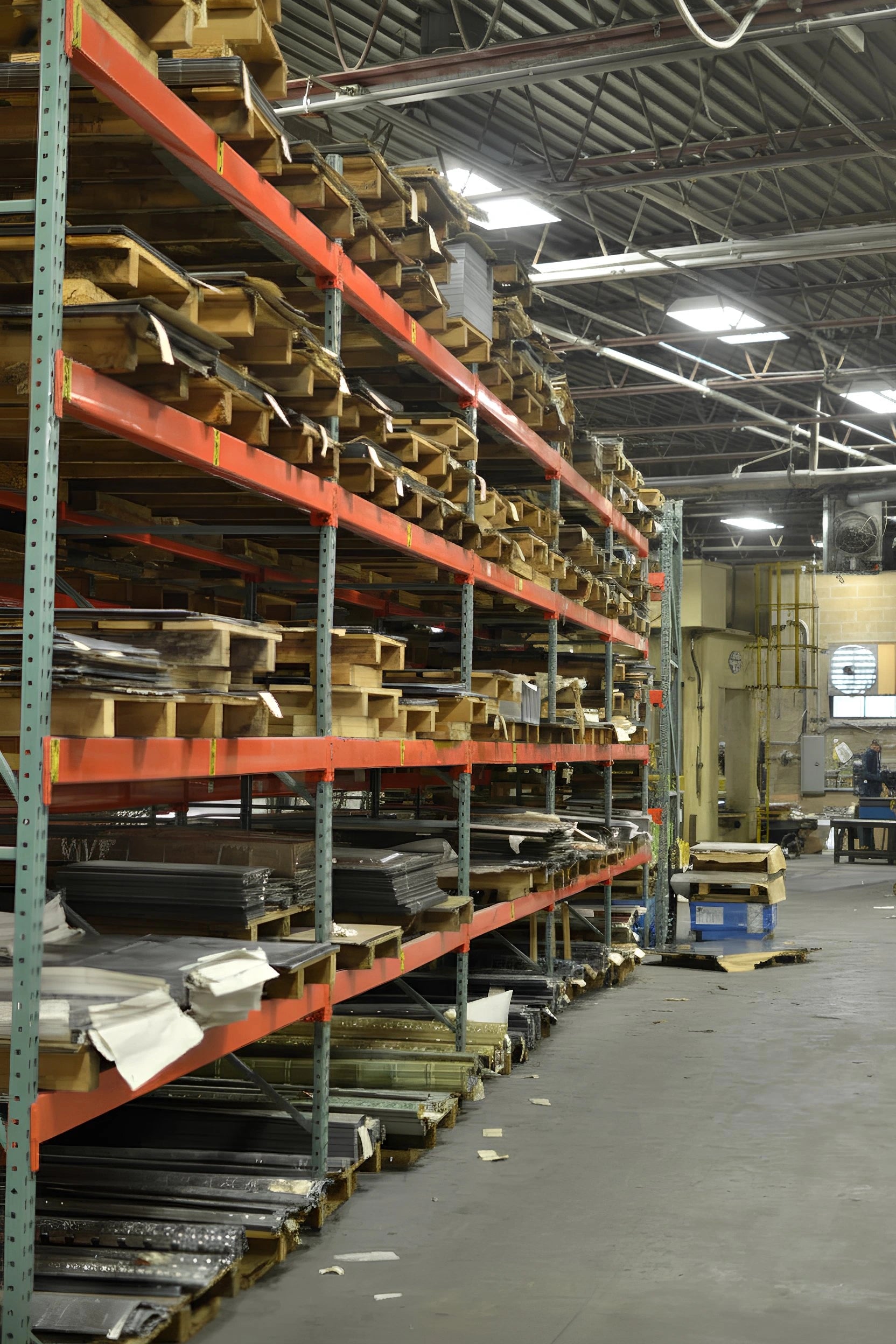 Warehouse interior with metal shelves stocked with various items