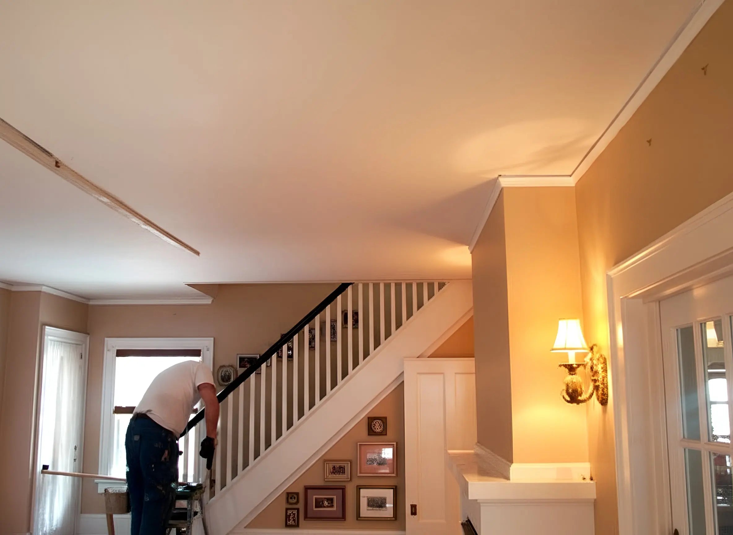 Man climbing a staircase in a home interior with a lamp on the wall.