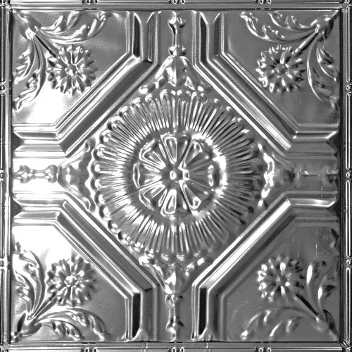 intricately patterned metallic ceiling tiles.