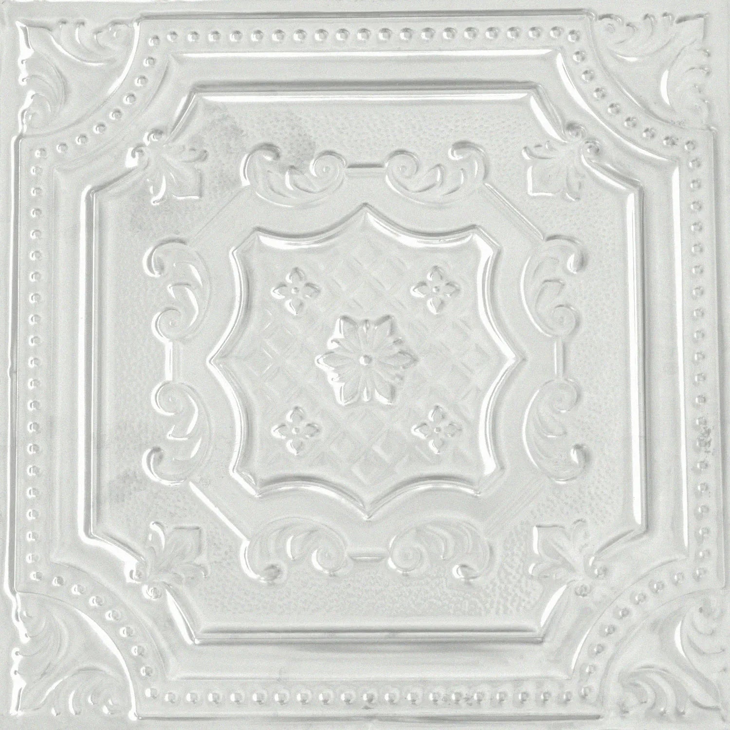 Decorative white ceiling tile with intricate patterns