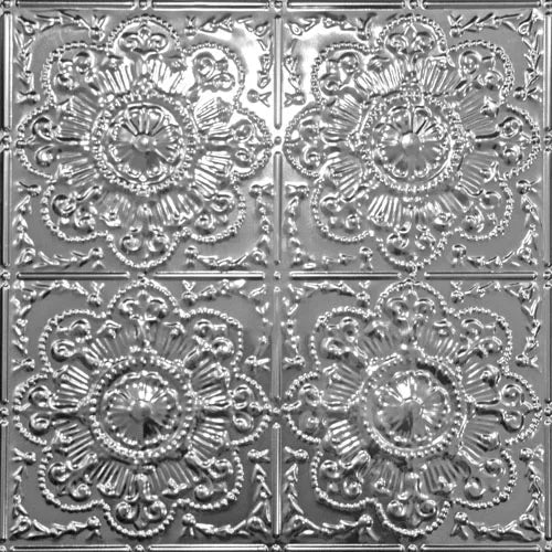Decorative metallic ceiling tiles with intricate patterns.