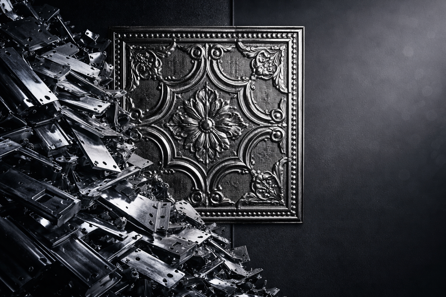Decorative metal ceiling tile with intricate patterns.