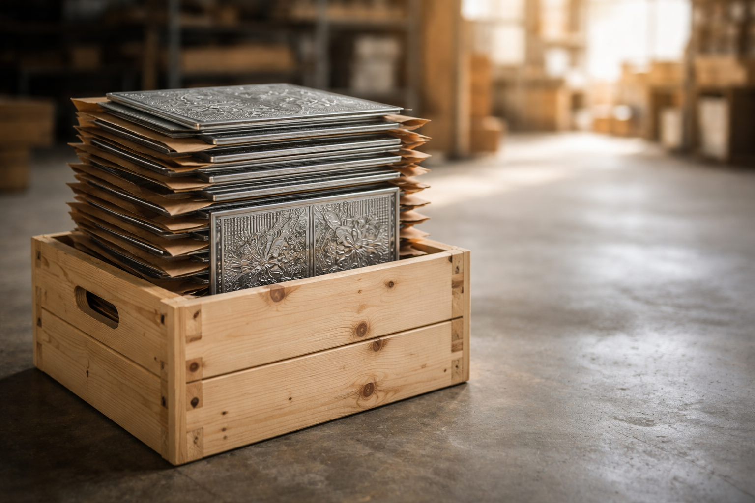 Stack of metal plates in a wooden crate.