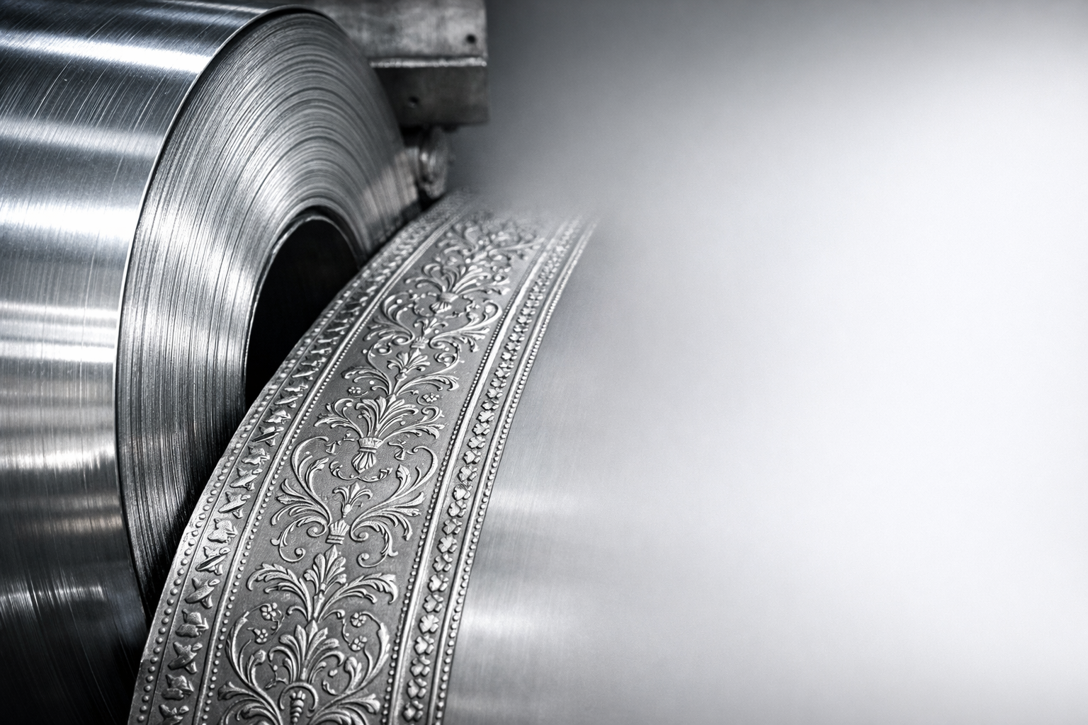 Two rolls of metal sheet with intricate embossed design.