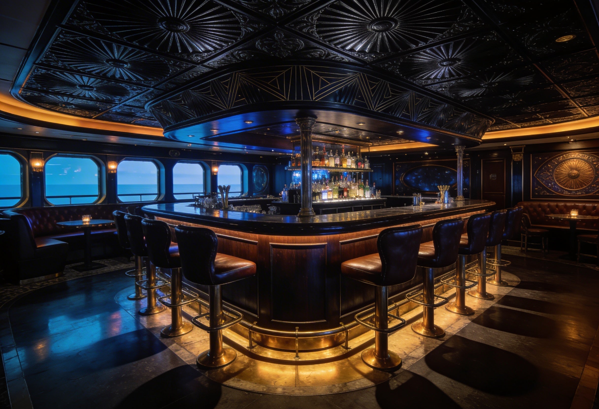 Luxurious bar setting with dark wood paneling and large windows.