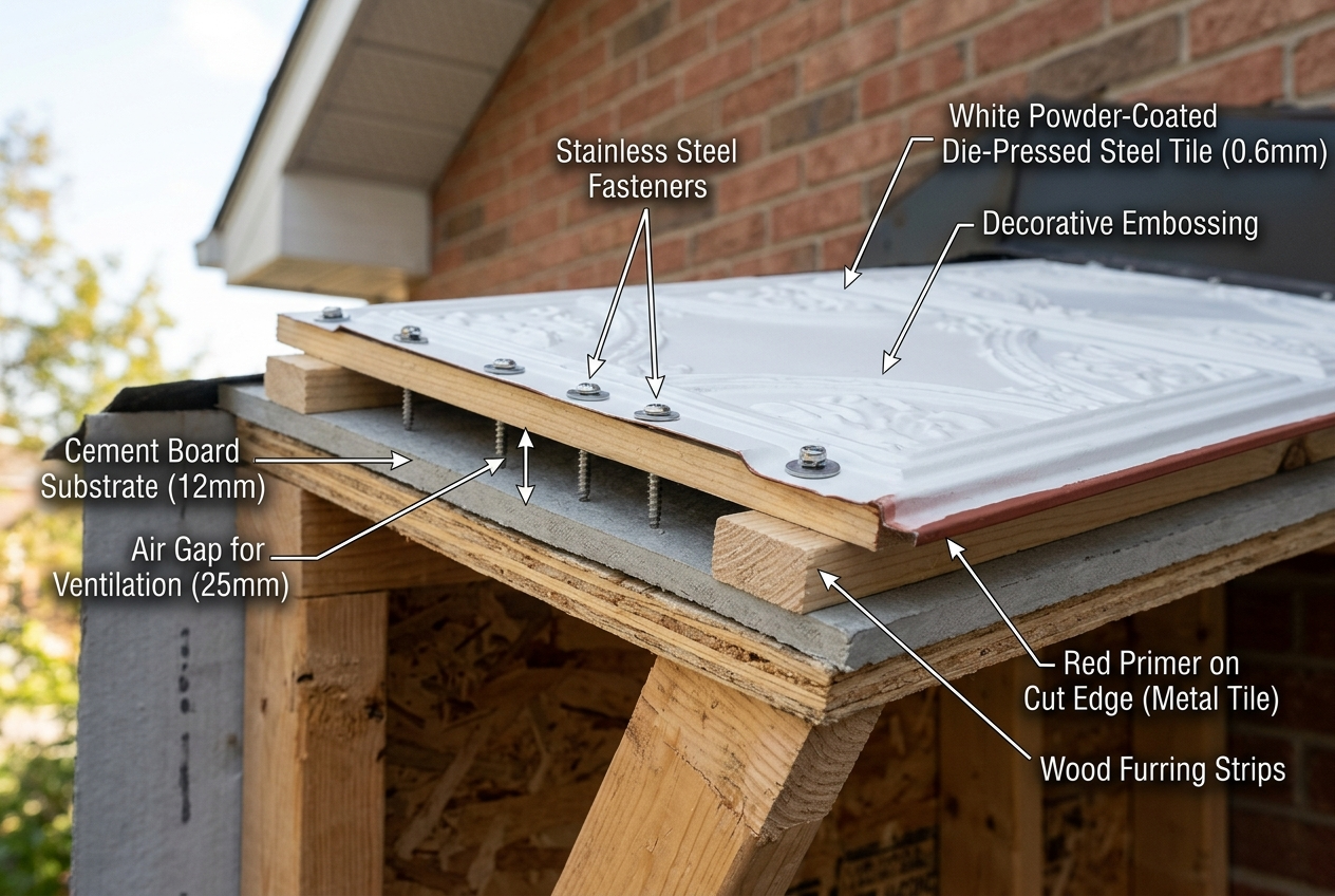 Roofing installation with labeled components on a wooden roof structure.