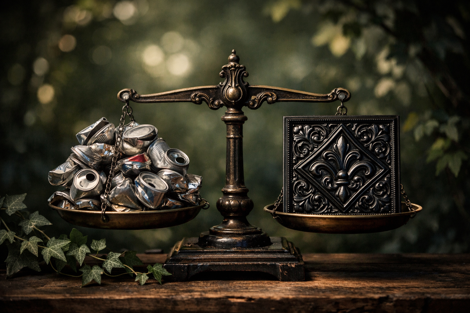 Old scale with tins and ornate box.