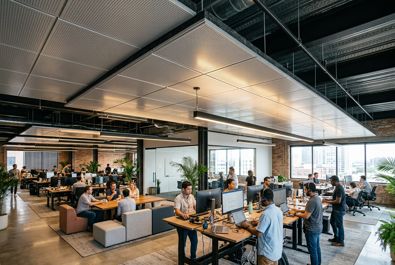 Modern office with employees at desks and computers under decorative ceiling roof