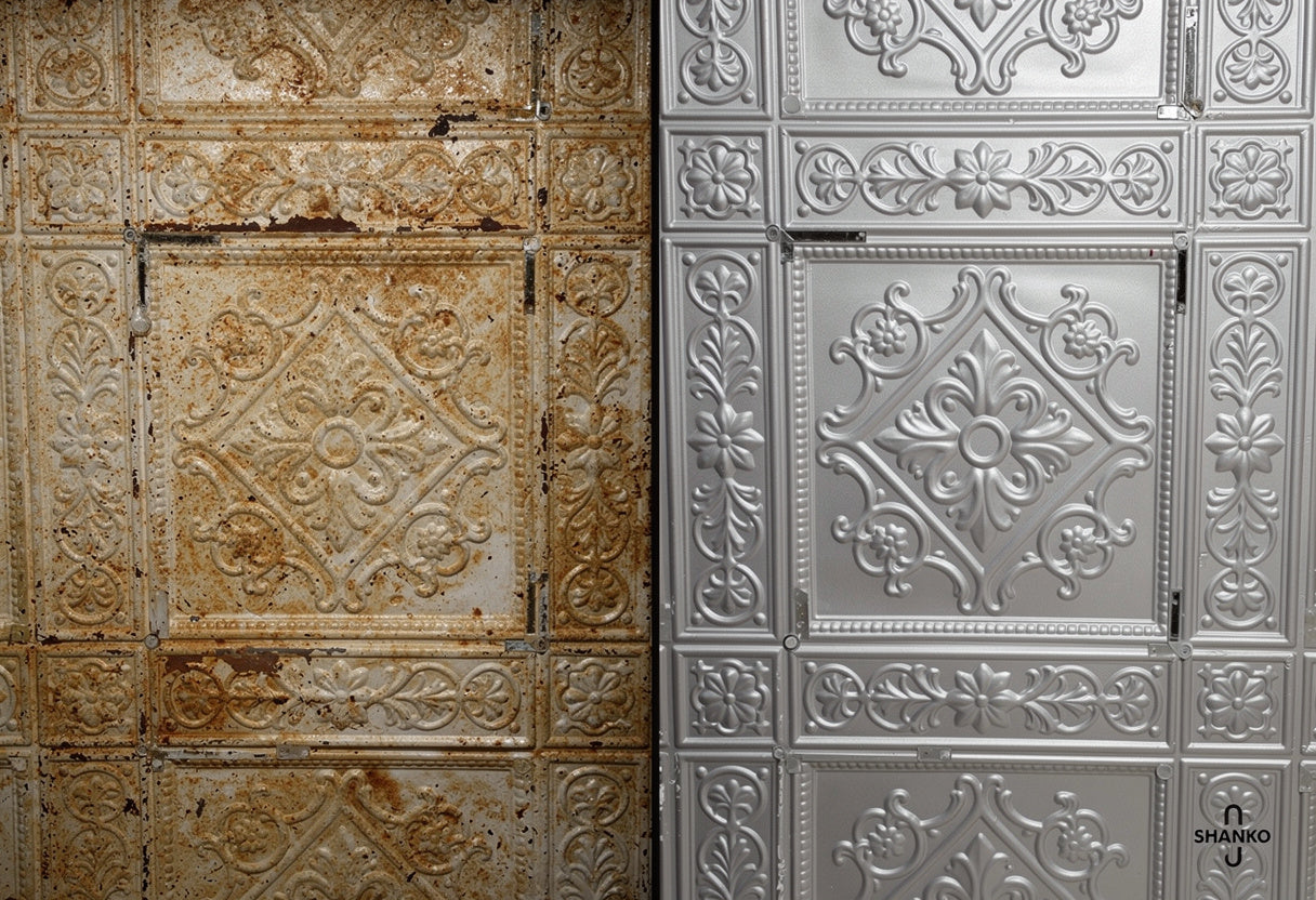 Two decorative ceiling tiles, one aged brown and one silver with intricate patterns.