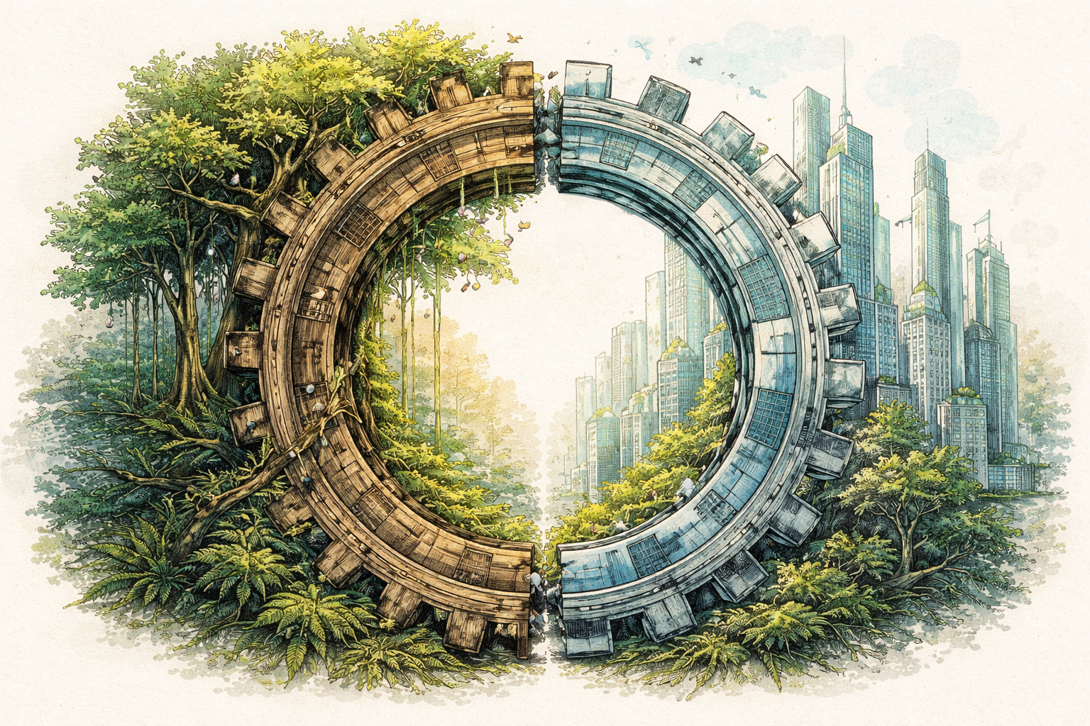 Circular structure with city skyline.
