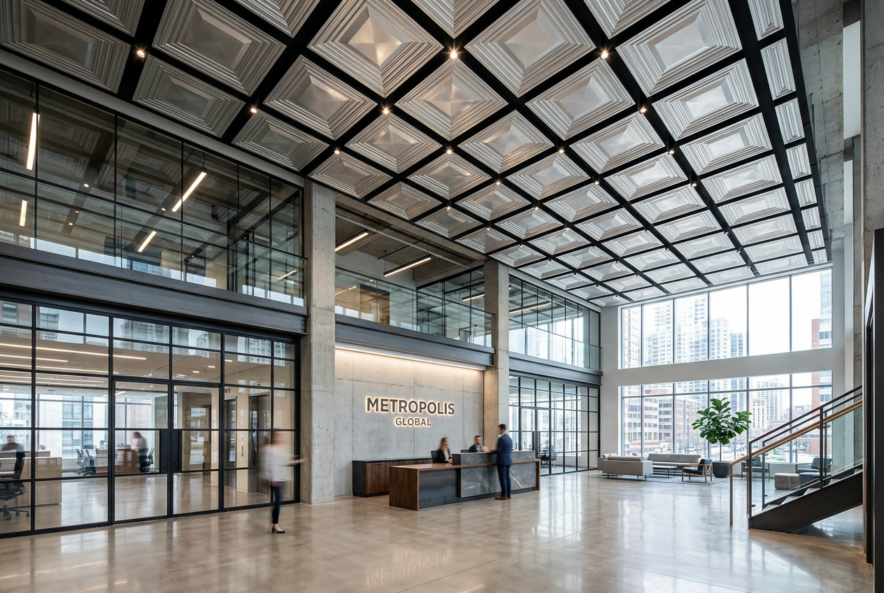 Modern office lobby with Metropolis sign, people walking under decorative ceiling roof